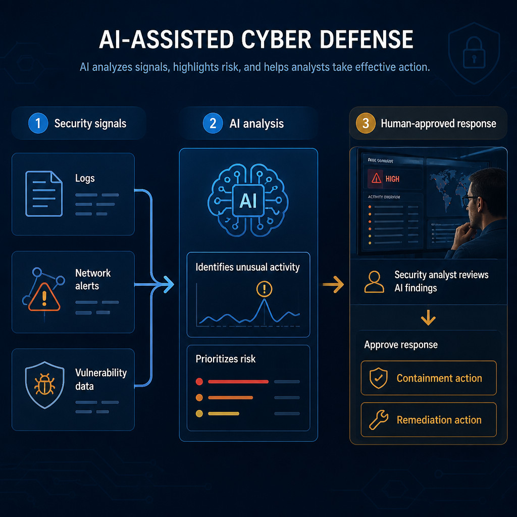 Infographic showing security signals flowing through AI analysis to a human-approved cybersecurity response.
