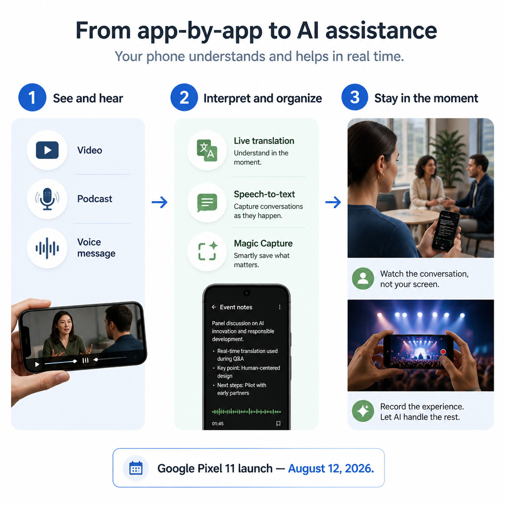 Infographic showing how real-time smartphone AI can translate media, improve speech-to-text and capture photos and video together.