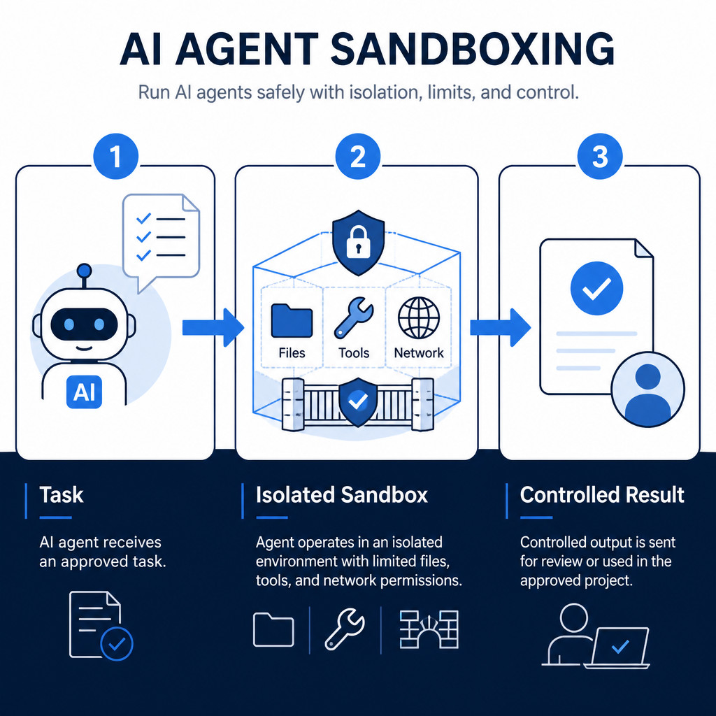 Infographic showing an AI agent completing a task inside an isolated sandbox before producing a controlled result.