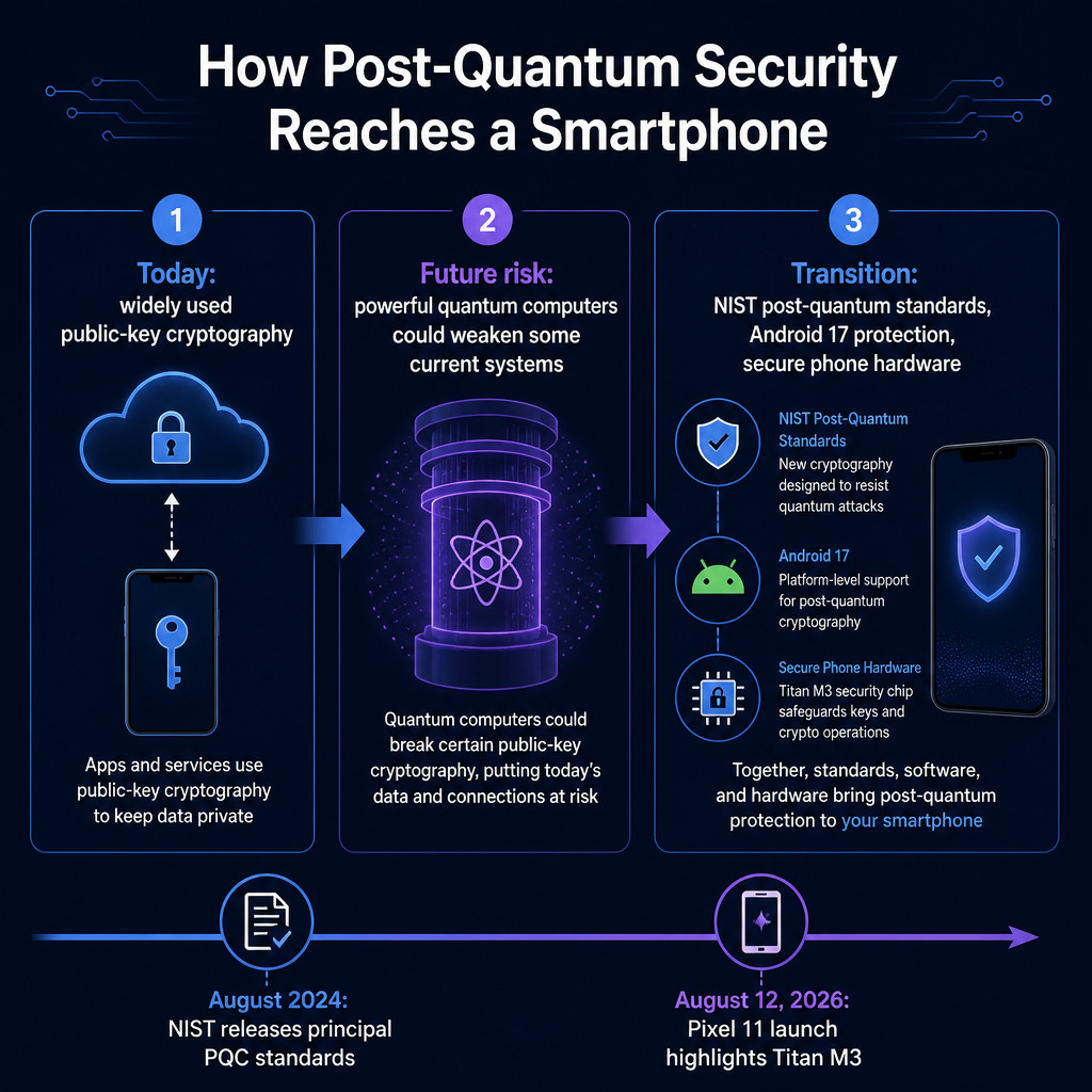 Why Post-Quantum Security Is Finally Reaching Smartphones 1 Infographic showing the shift from current cryptography to NIST post-quantum standards and secure smartphone hardware.