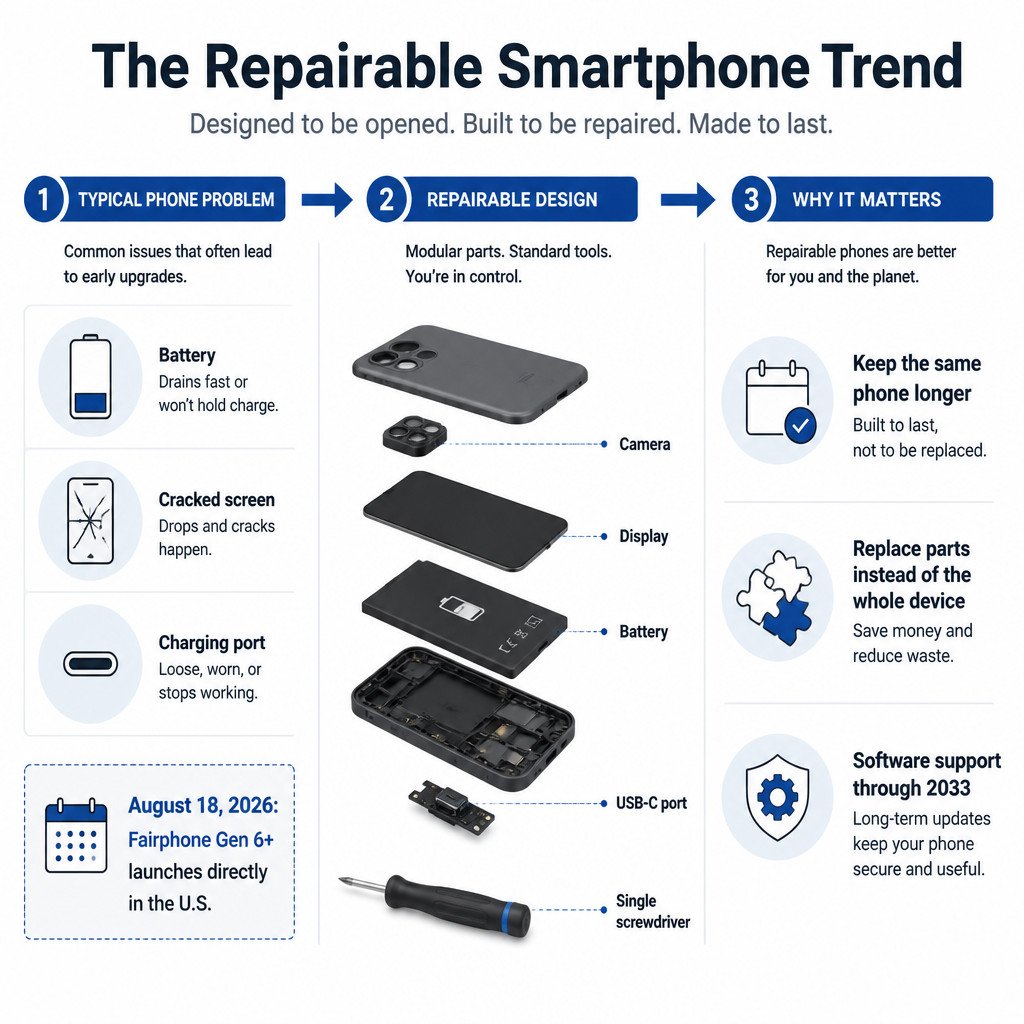Why Repairable Phones Are Finally Becoming a U.S. Trend 1 Infographic showing how modular phone components can be replaced and why repairable smartphones can last longer.