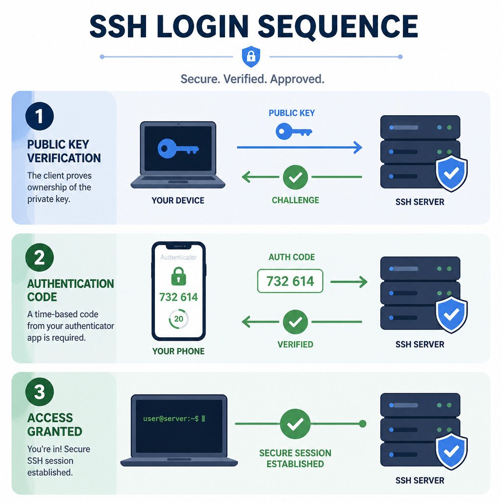 How to Set Up SSH Two-Factor Authentication with TOTP on Ubuntu 1 SSH two-factor authentication flow using a public key and TOTP code