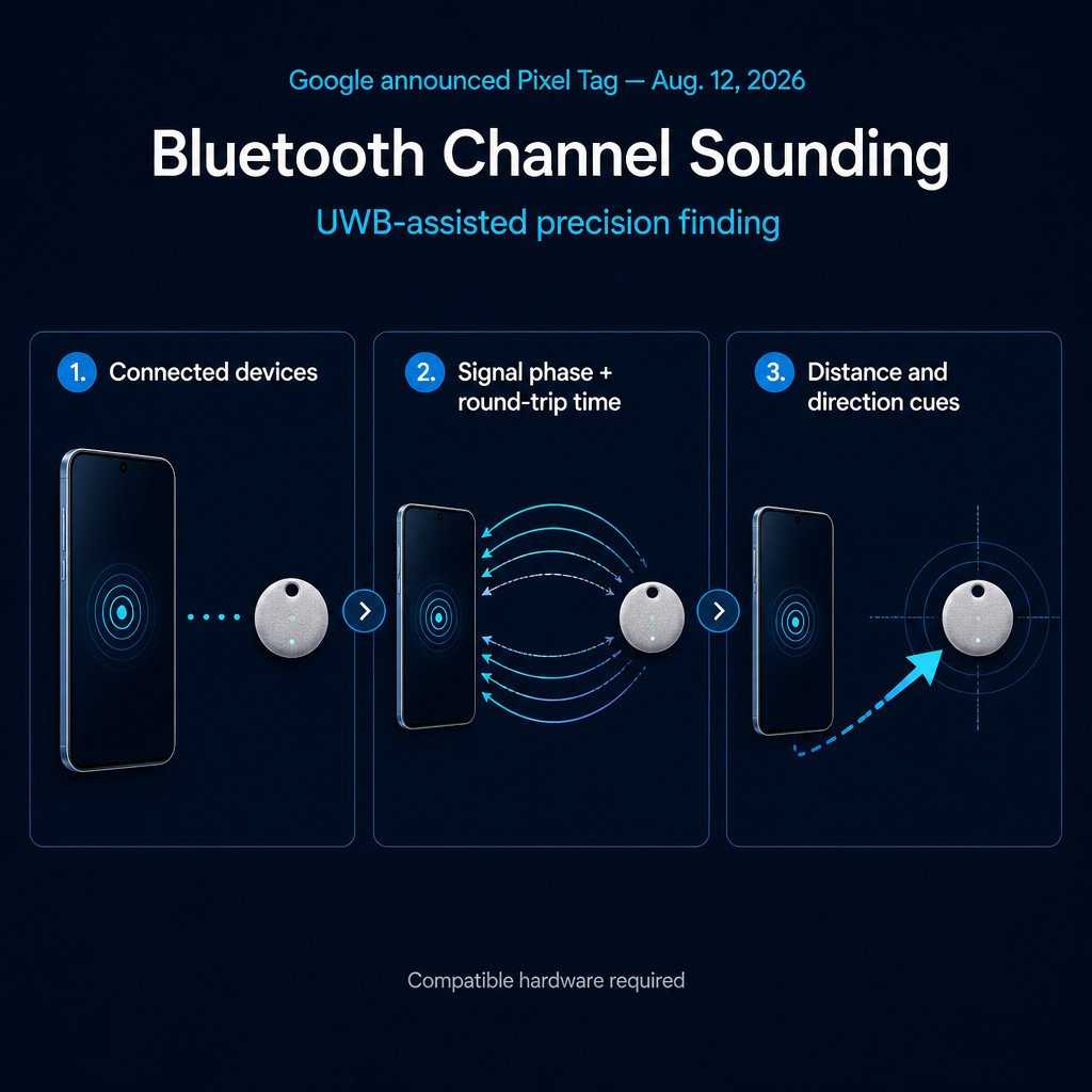 Google’s Pixel Tag Signals Bluetooth’s Precision-Finding Shift 1 Infographic showing how Bluetooth Channel Sounding and UWB help a phone estimate the distance and direction of a nearby tracker.