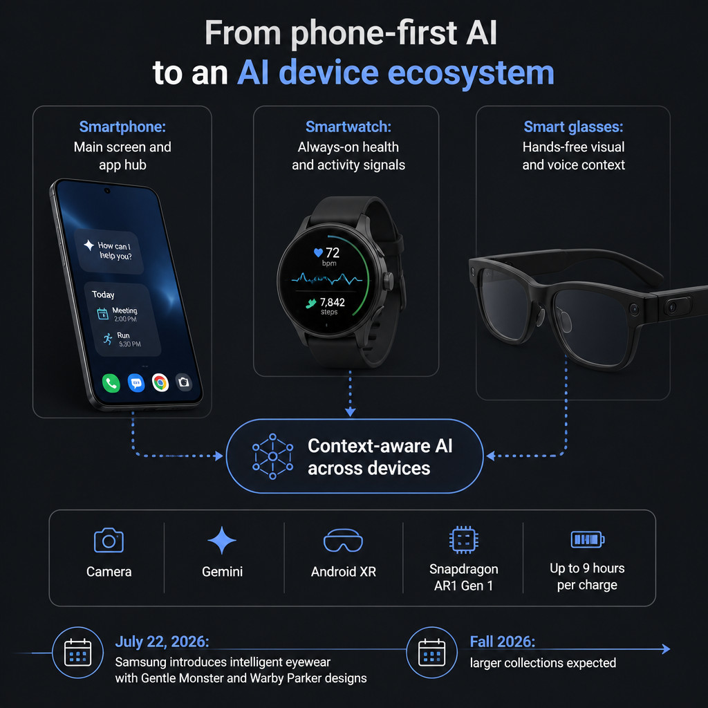Why Smart Glasses Are Becoming the New AI Interface 1 Infographic showing how smartphones, watches and smart glasses can provide context for a connected AI assistant.