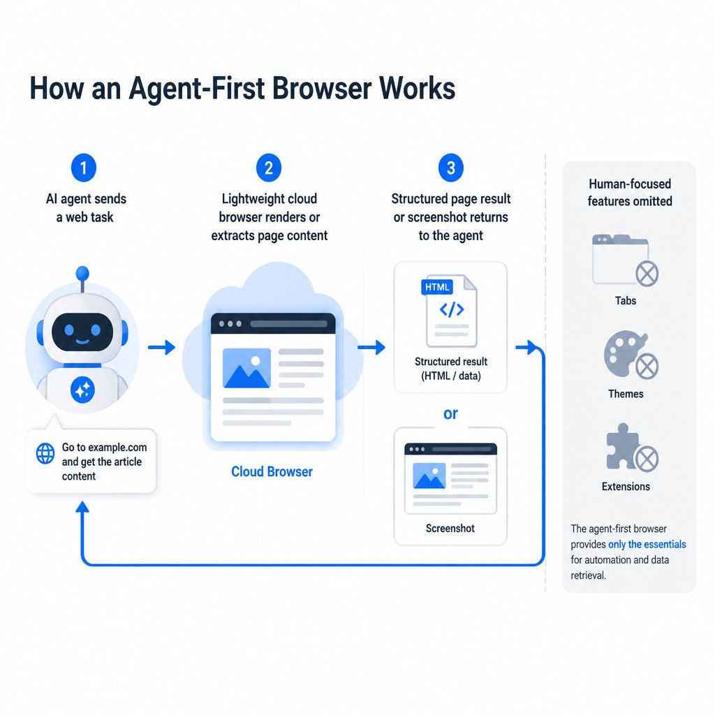 What Is an Agent-First Browser? Kitesurf Explained 2 Infographic showing an AI agent sending a web task to a lightweight cloud browser and receiving page content or a screenshot.