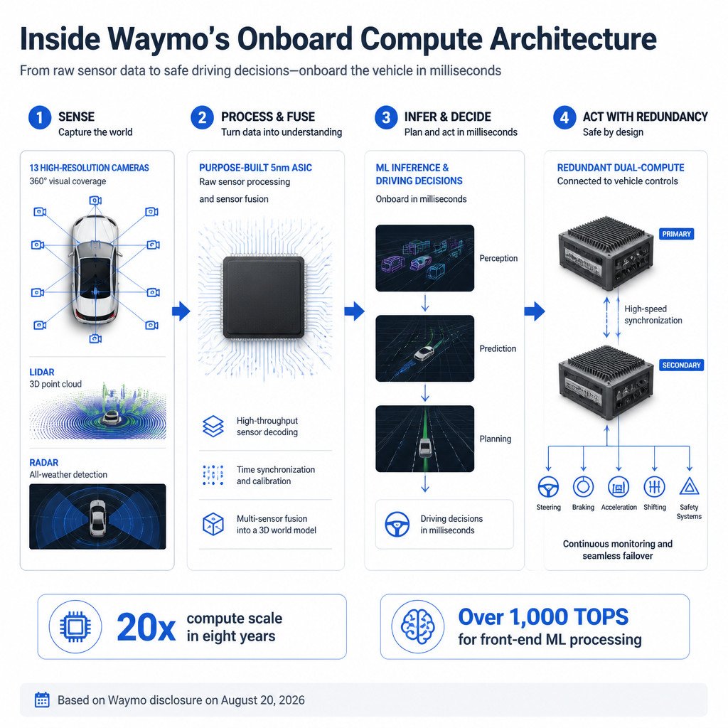 Waymo’s New Chip Shows Robotaxis Are Becoming Edge AI Machines 1 Diagram showing how Waymo processes camera, lidar and radar data through custom onboard AI compute to drive a robotaxi.