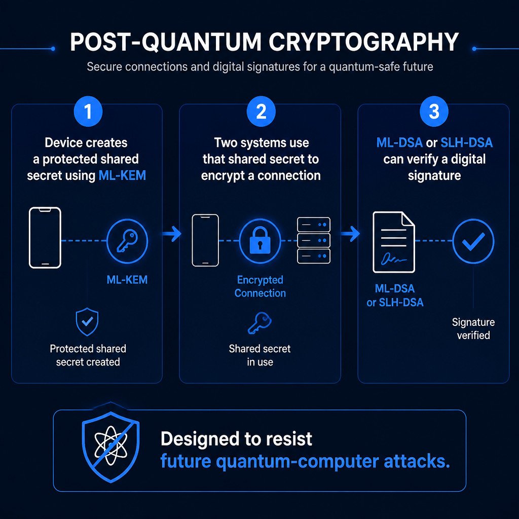 What Is Post-Quantum Cryptography? The Security Upgrade Explained 1 Three-step diagram showing how post-quantum cryptography establishes encrypted connections and verifies digital signatures.