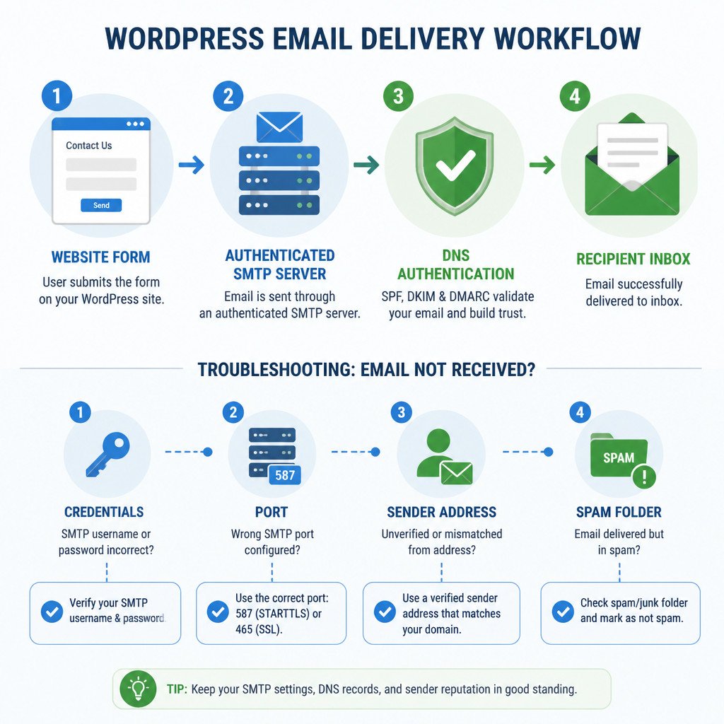 How to Configure WordPress SMTP and Fix Emails Not Sending 1 WordPress SMTP setup and email troubleshooting workflow