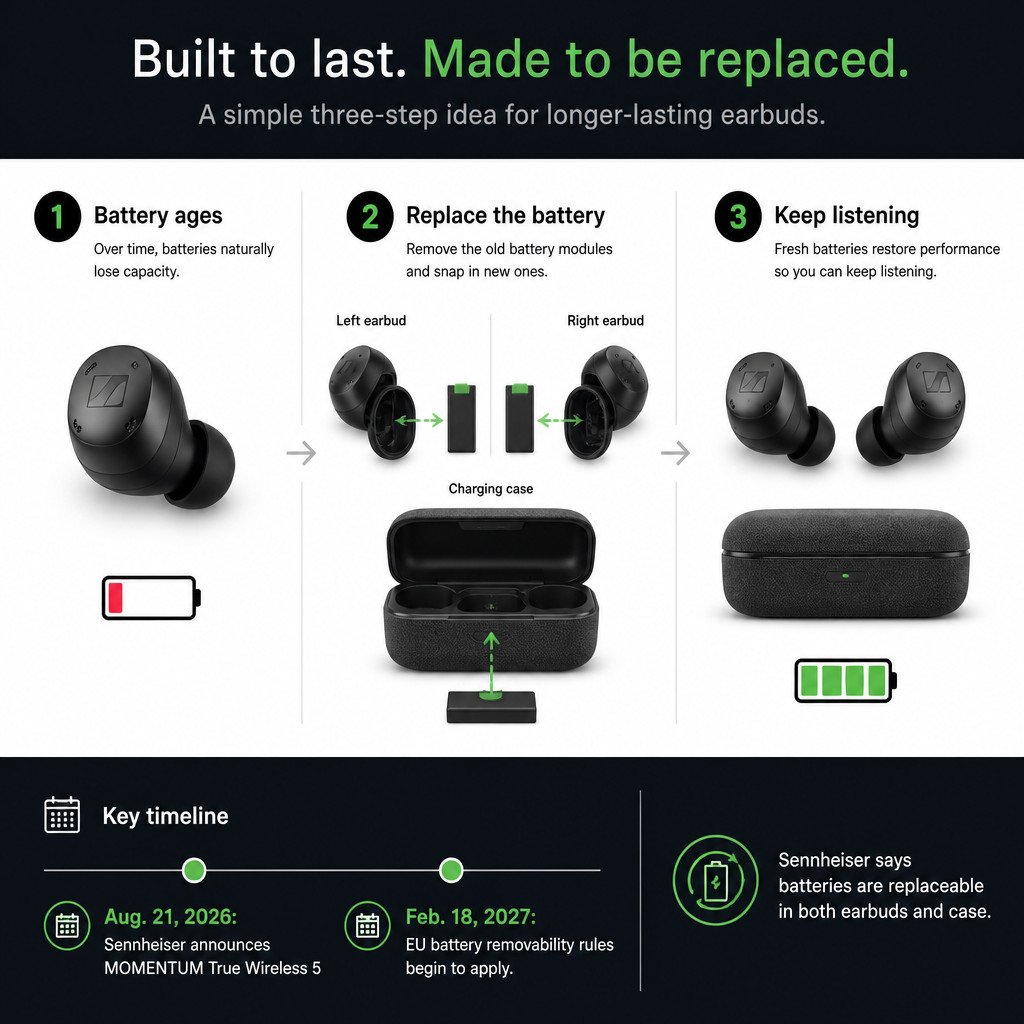 Why Wireless Earbuds Are Finally Getting Repairable Batteries 1 Infographic showing how replaceable batteries can extend the life of wireless earbuds and their charging case.