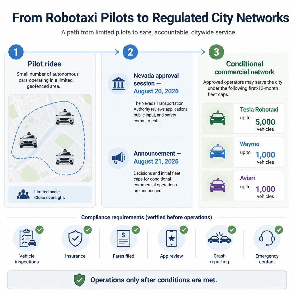 Why Robotaxis Are Moving From Pilot Rides to City Networks 1 Infographic showing Nevada’s August 2026 robotaxi approvals, fleet caps and operating requirements.
