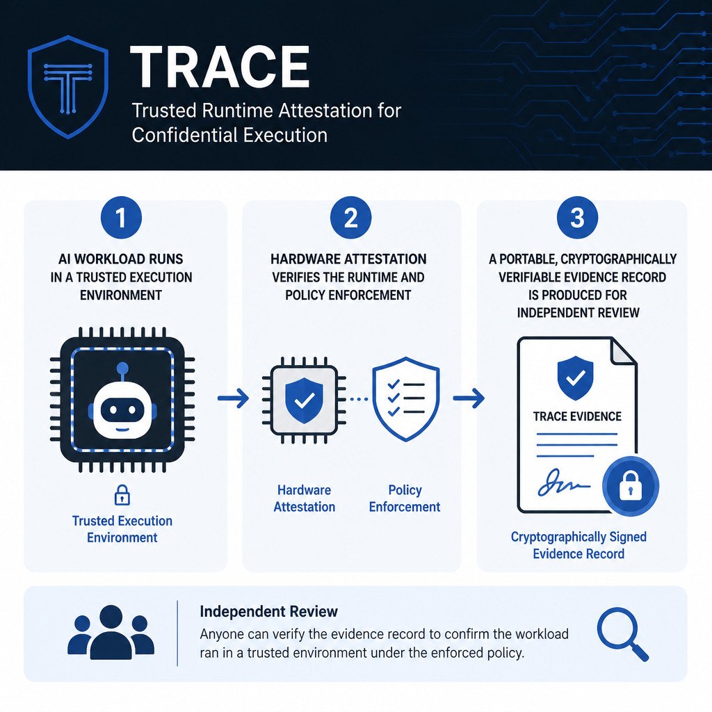 Three-step diagram showing an AI workload, hardware attestation, and a verifiable TRACE evidence record.