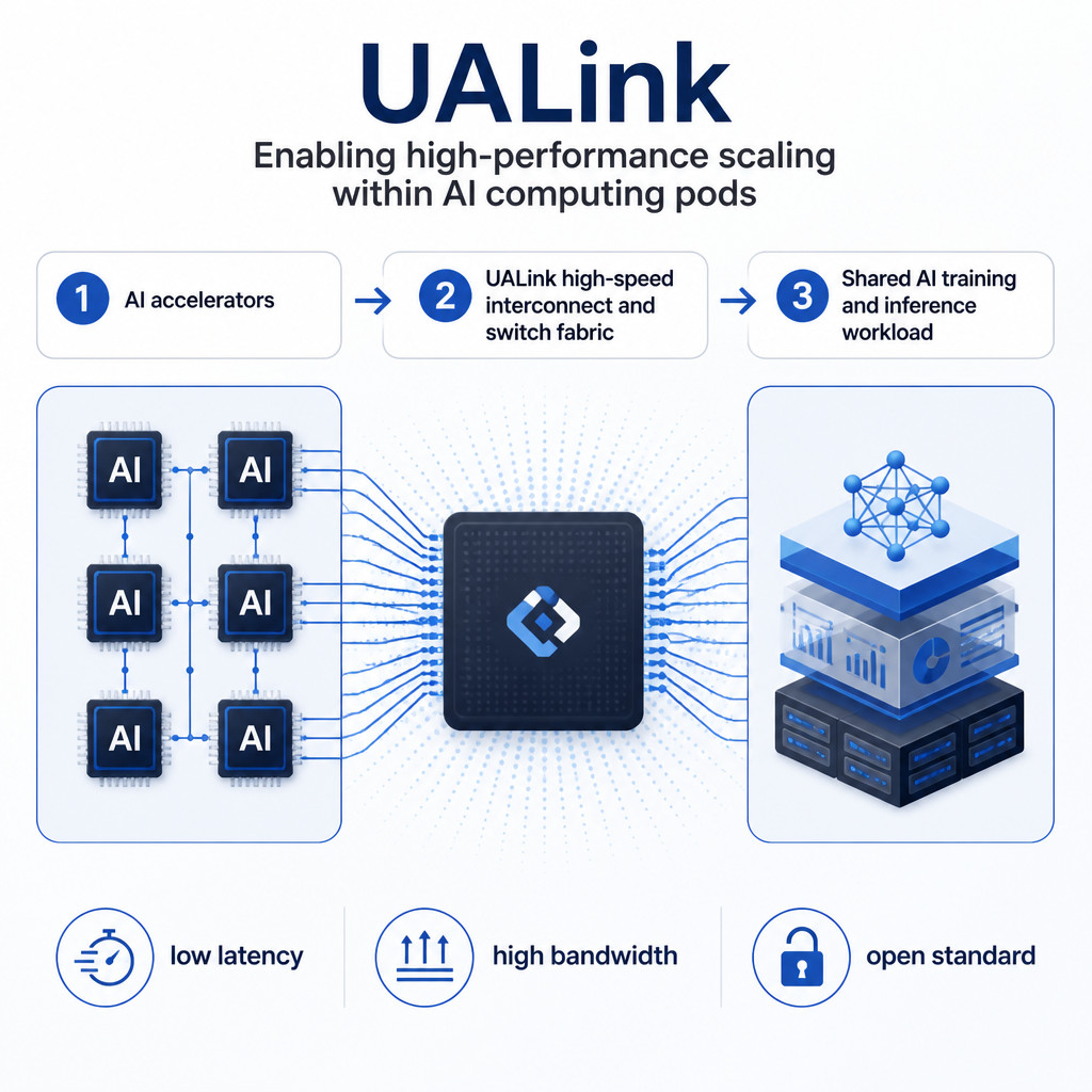 Diagram showing AI accelerators exchanging data through a UALink switch fabric in one computing pod.