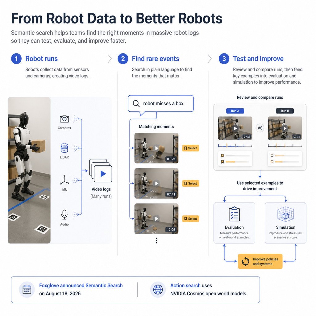 Humanoid Robots Are Starting a New Race: Finding Better Data 1 Infographic showing how robotics teams can search robot video logs for rare events, then use selected data for testing and improvement.