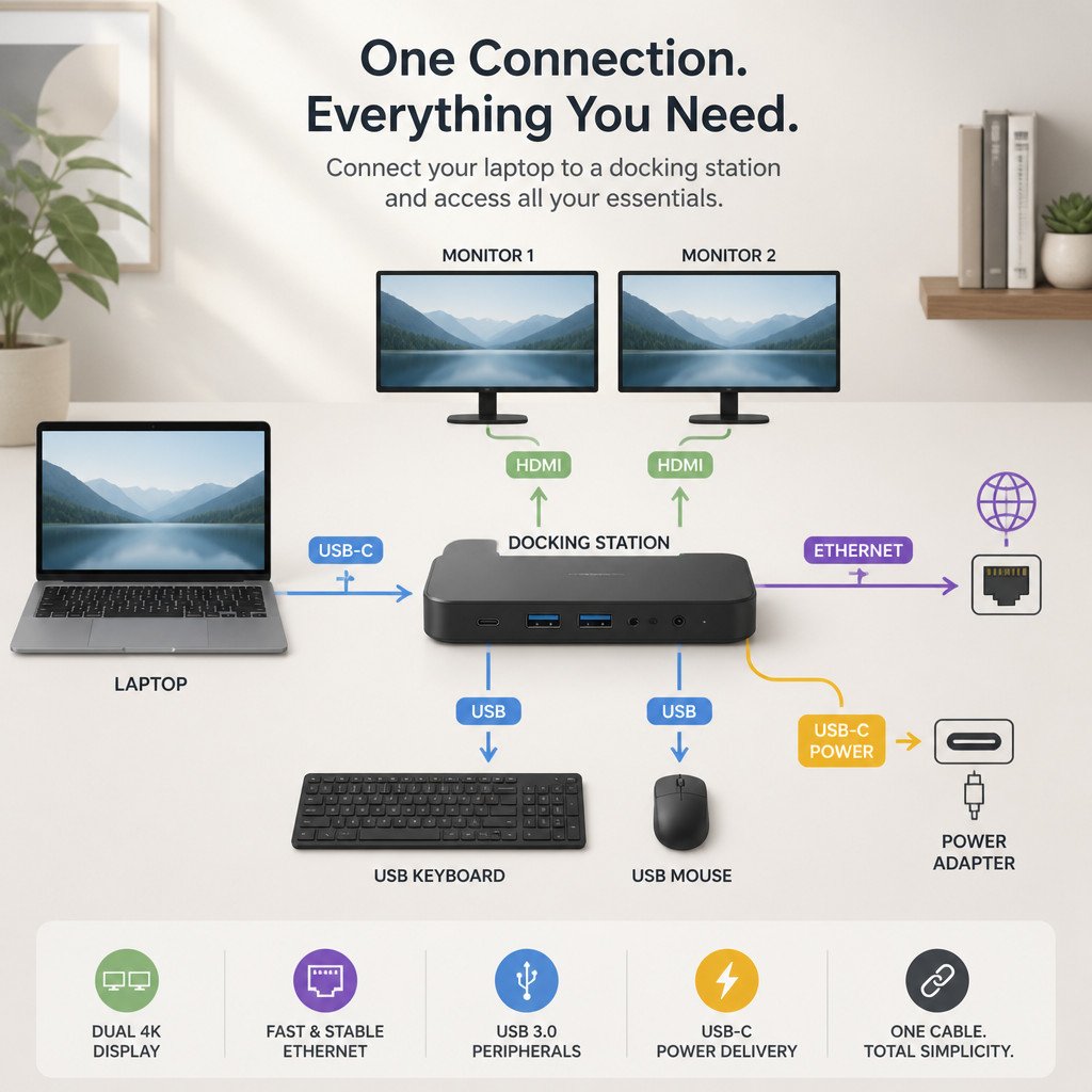 How to Set Up a Laptop Docking Station for Dual Monitors, Ethernet, and Charging 1 Laptop dock connection diagram for monitors, Ethernet, USB, and charging