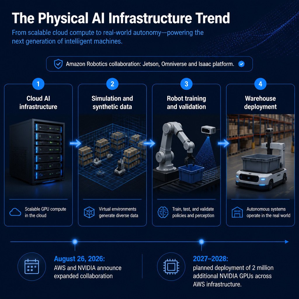 Infographic showing how cloud GPUs support simulation, training and deployment of physical AI robots.