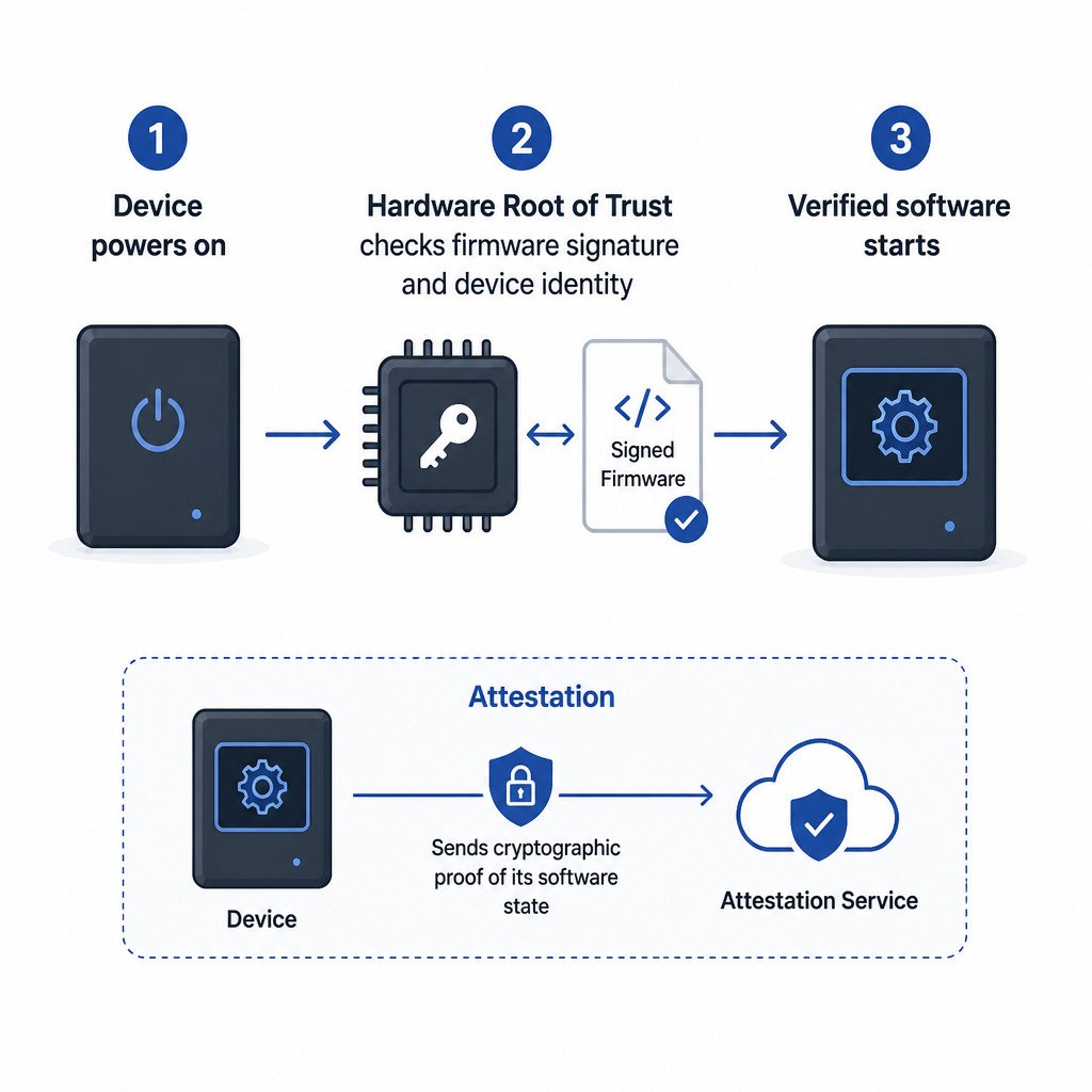 Infographic showing a hardware root of trust verifying firmware during startup and supporting device attestation.