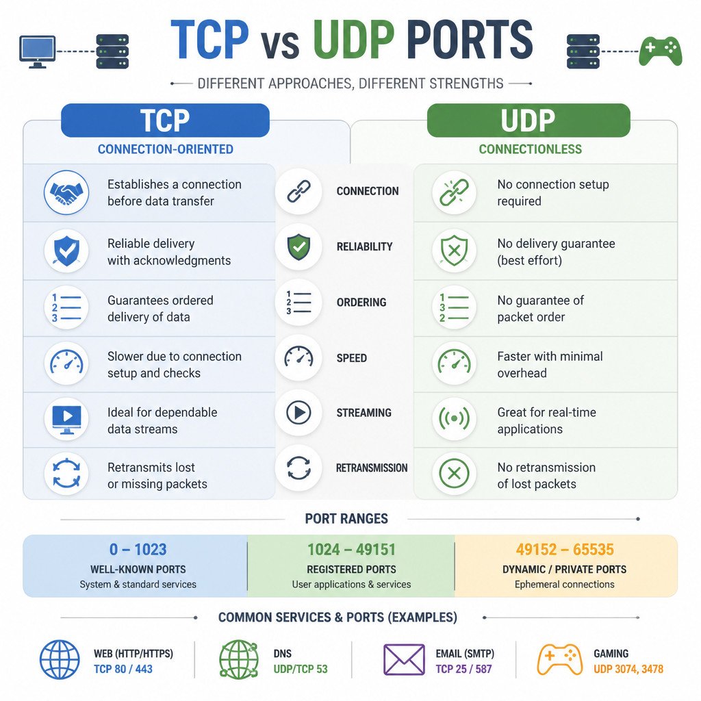 TCP vs UDP Ports: Differences, Port Ranges, and Common Examples 1 Visual comparison of TCP and UDP ports, features, and port ranges