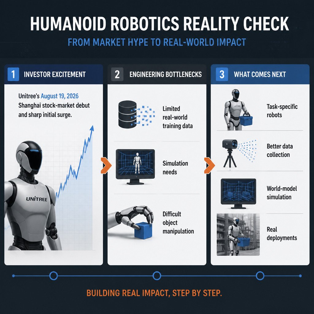 Humanoid Robots Are Entering Their Reality-Check Era 1 Infographic showing the shift from humanoid robot investment hype to data and deployment challenges.
