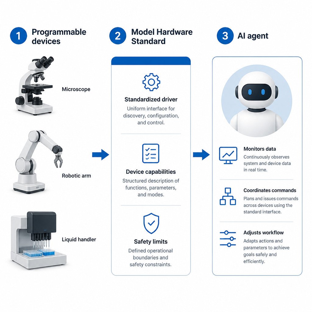What Is the Model Hardware Standard (MHS)? 4 Infographic showing programmable devices connected through the Model Hardware Standard to an AI agent.