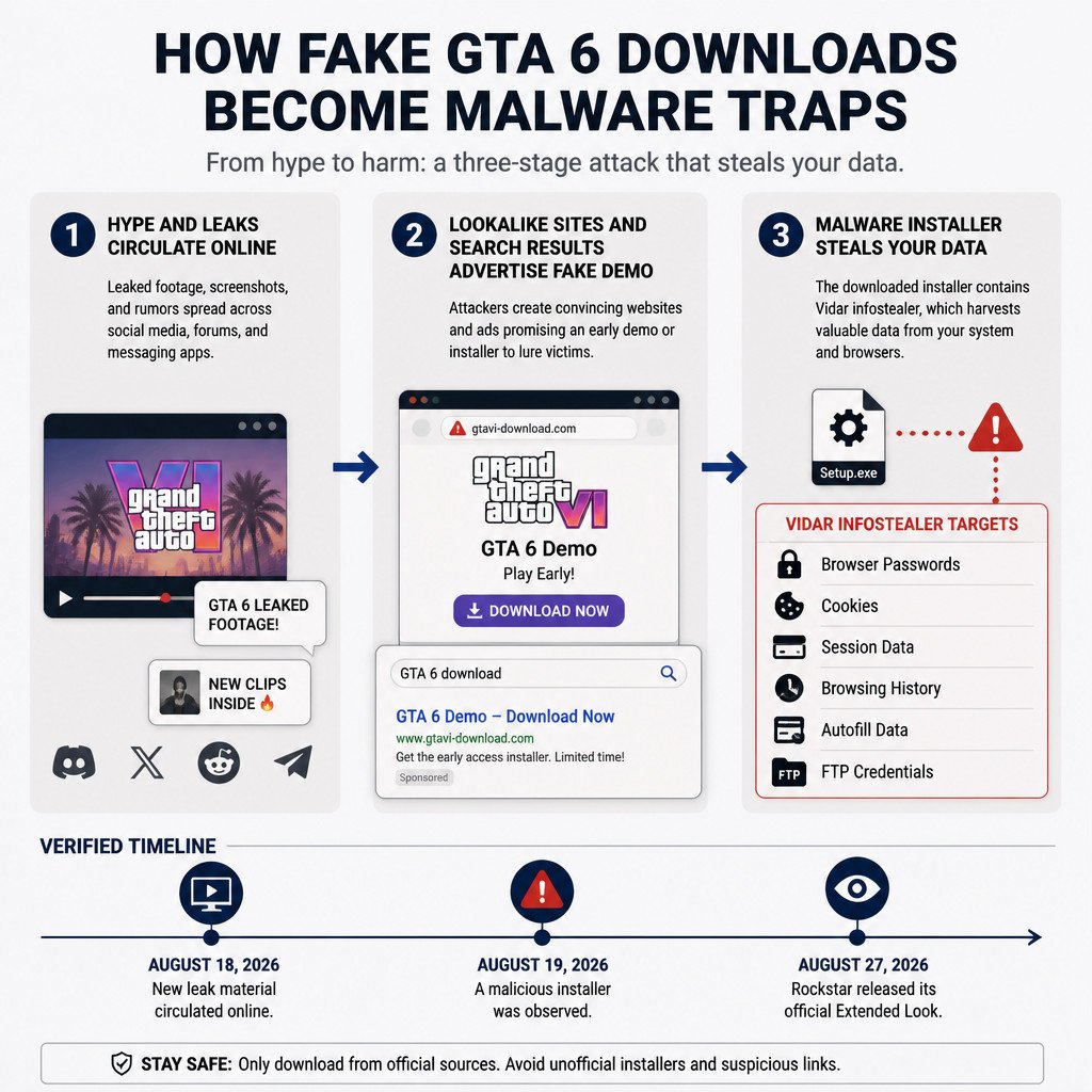 GTA 6 Hype Is Becoming a New Malware Attack Surface 1 Infographic showing how fake GTA 6 downloads move from gaming hype to browser data theft