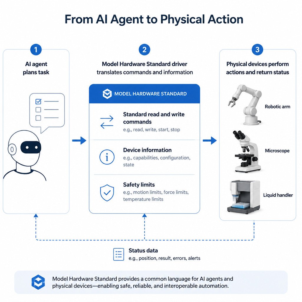 Infographic showing an AI agent using an MHS driver to send commands to laboratory and robotic devices and receive their status data.