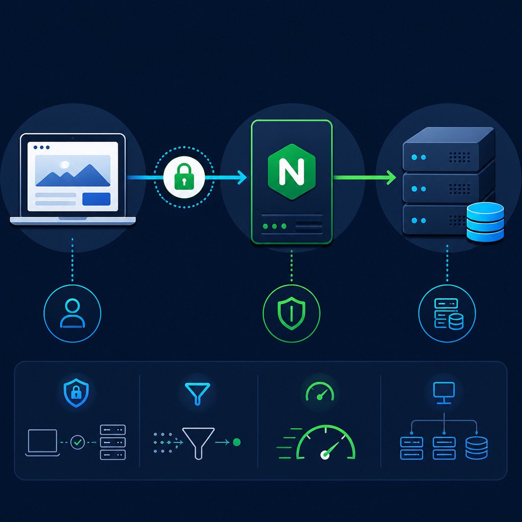 How to Set Up an Nginx Reverse Proxy with Let’s Encrypt SSL 1 Infographic showing browser traffic secured by HTTPS and routed through an Nginx reverse proxy.