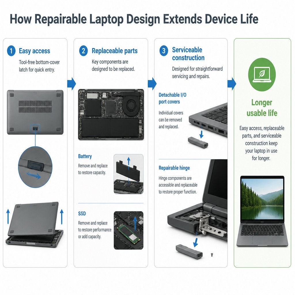 Repairable Laptops Are Returning to the Mainstream 1 Infographic showing the repairable laptop features that make batteries, SSDs and other components easier to service.