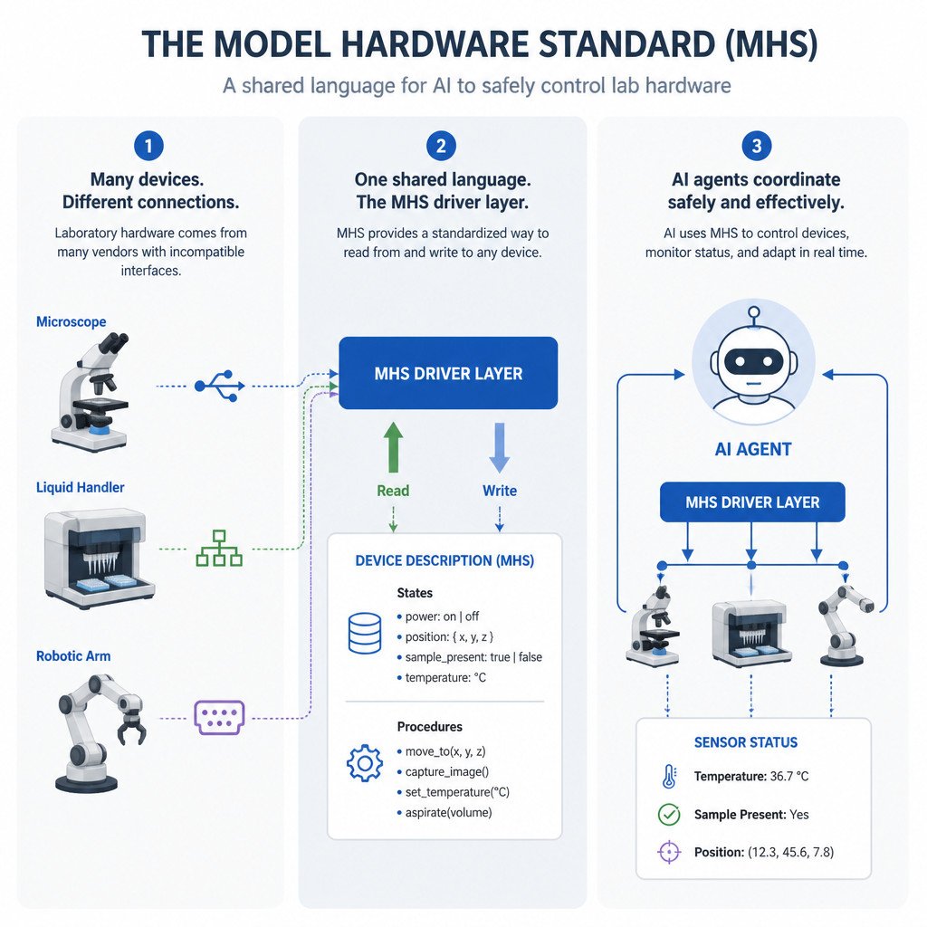 An infographic showing MHS connecting different programmable devices to an AI agent through a shared read-and-write interface.