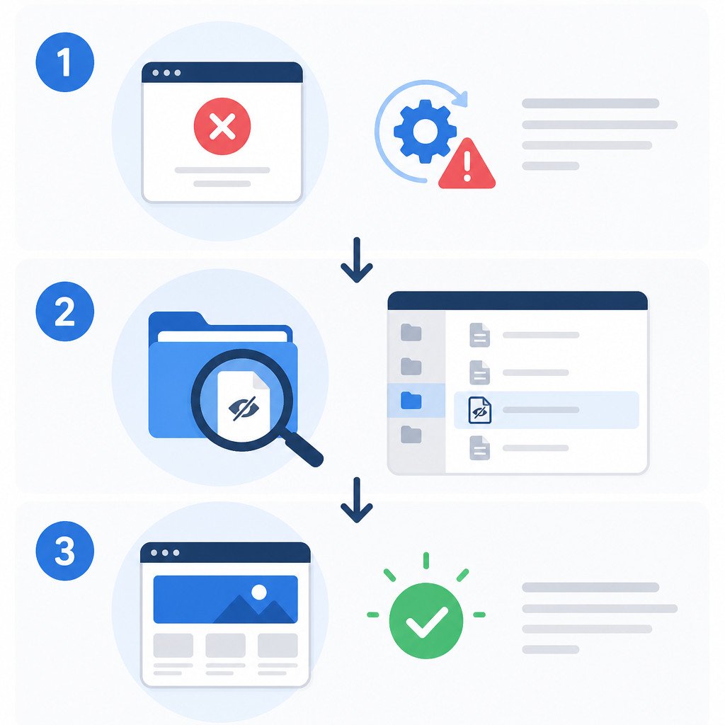 Three-step visual guide to restoring a WordPress site stuck in maintenance mode