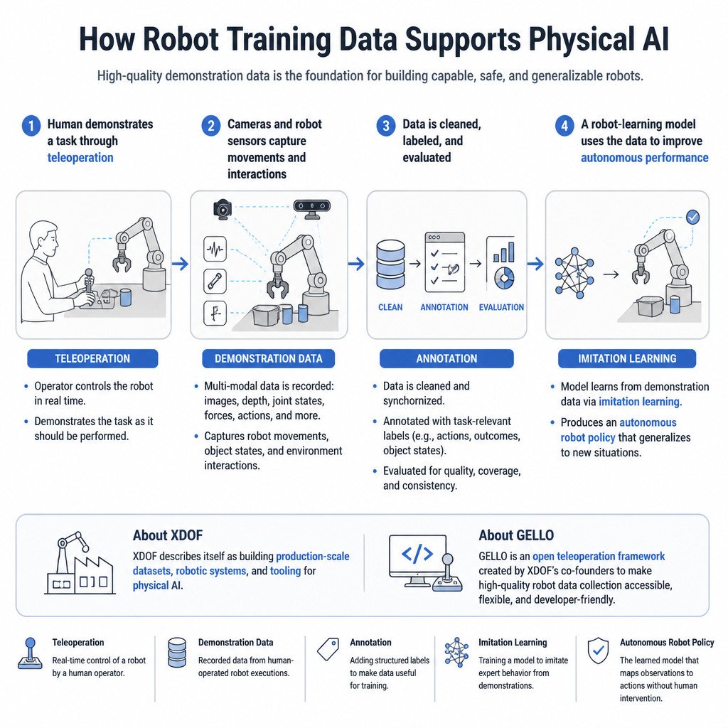 Why Robot Training Data Is Becoming Big Tech’s Next Race 1 Infographic showing how teleoperation data is collected, processed, and used to train physical AI robots.