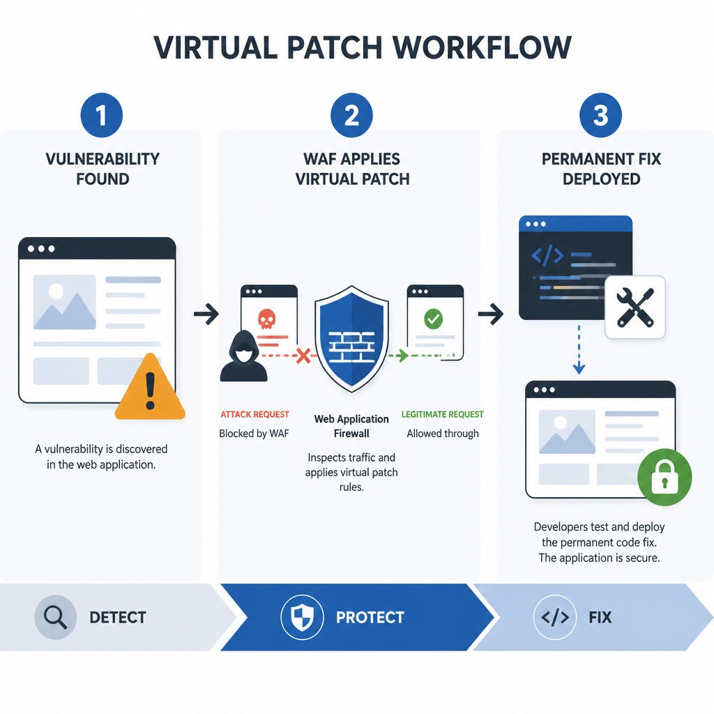 Three-step infographic showing a vulnerability being found, exploit traffic blocked by a web application firewall, and a permanent software fix being deployed.