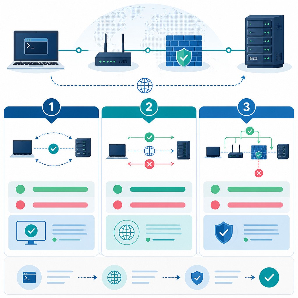 Infographic showing local, remote, and firewall checks for an open network port.