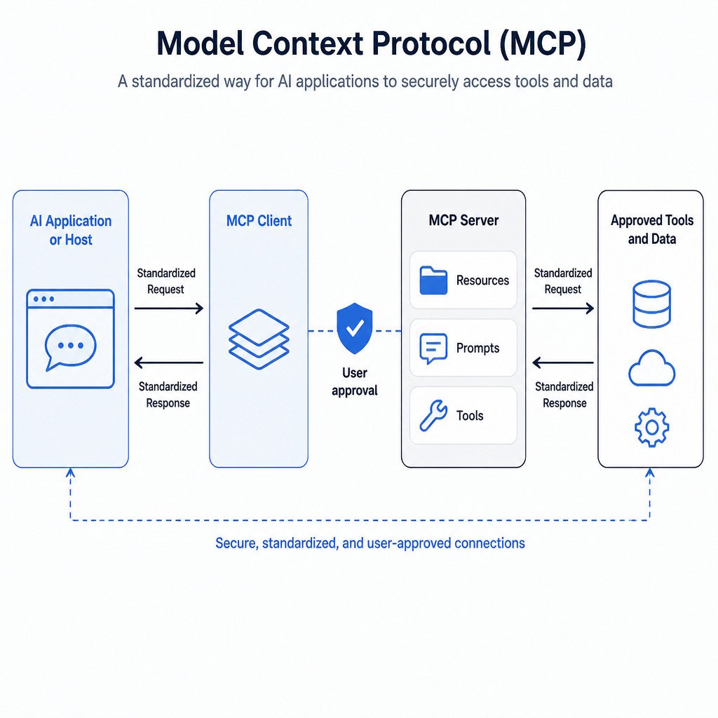 Flow diagram showing an AI application using an MCP client and server to access approved resources, prompts, and tools.