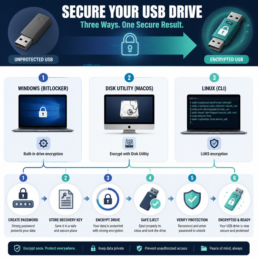 Steps for encrypting a USB drive on Windows, Mac, and Linux