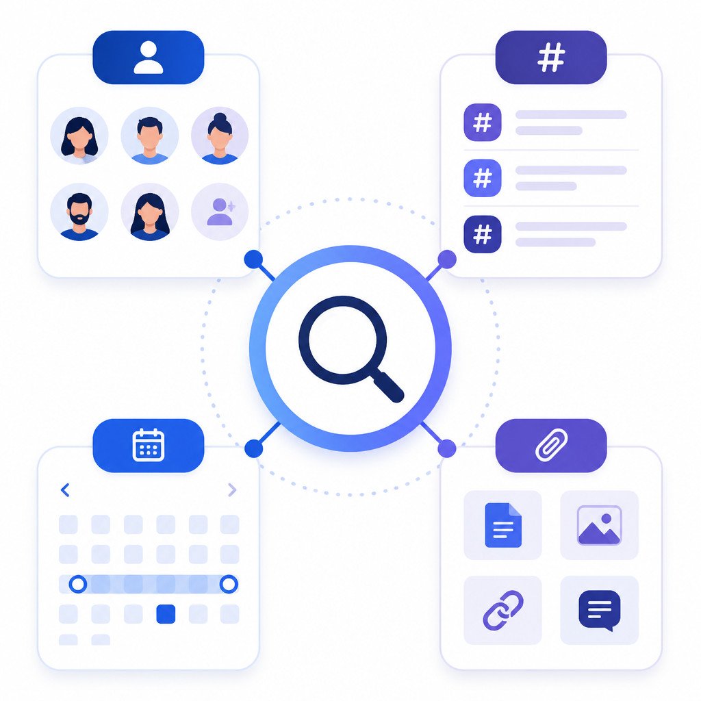 Slack Search Modifiers Cheat Sheet: Find Messages, Files, and Links Faster 1 Visual guide showing person, channel, date, and attachment filters for workspace search
