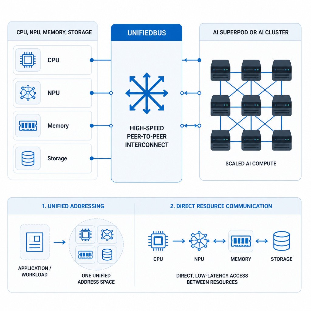 Diagram showing UnifiedBus linking CPUs, AI accelerators, memory and storage in an AI cluster.