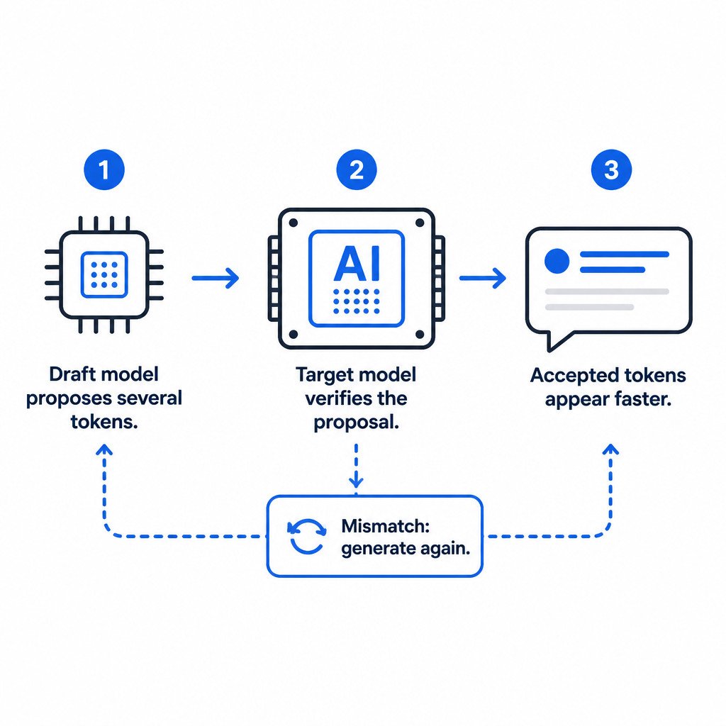 Three-step diagram showing a draft model proposing tokens, a target model verifying them, and accepted tokens producing a faster AI response.