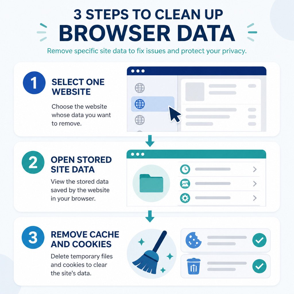 How to Clear Cache and Cookies for One Website in Microsoft Edge 1 Infographic showing how to remove cache and cookies for a single website in Edge.