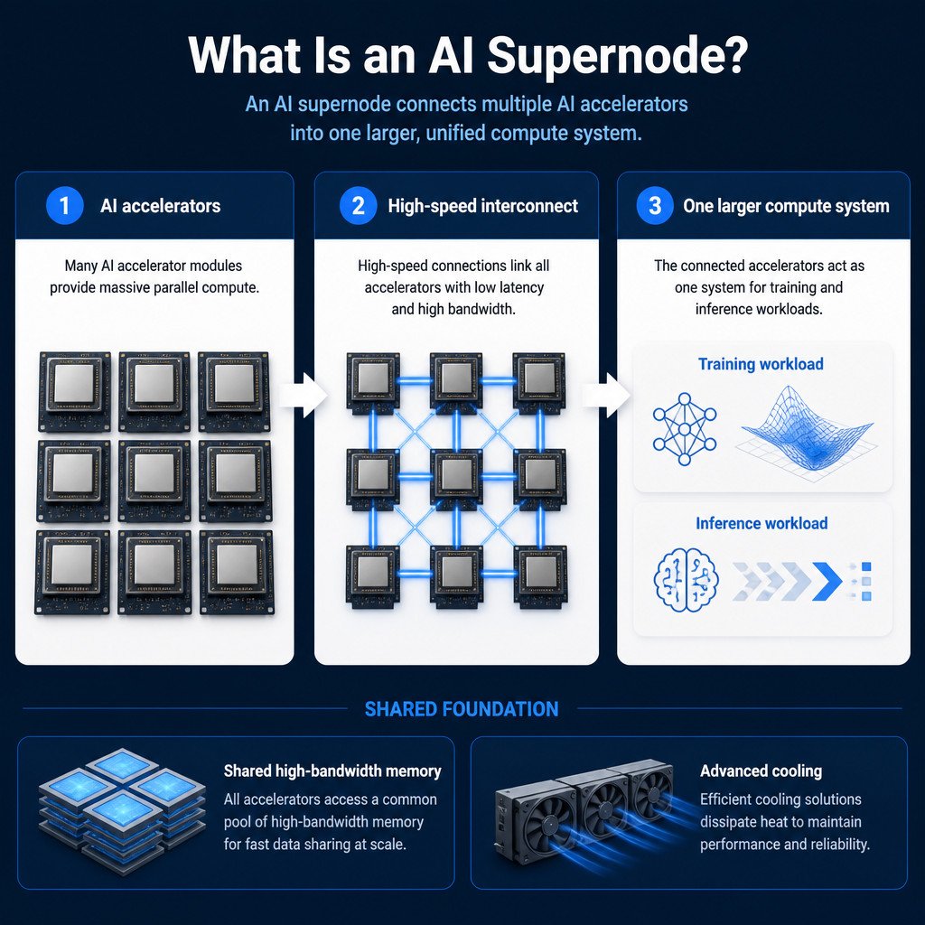 Infographic showing AI accelerators linked by a high-speed interconnect to operate as one compute system.