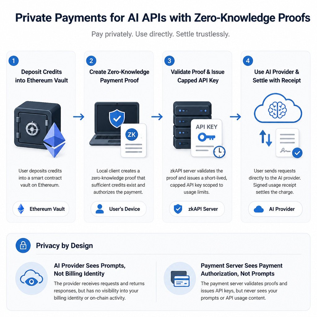 Flow diagram showing how zkAPI separates an API payment proof from requests sent to an AI provider.