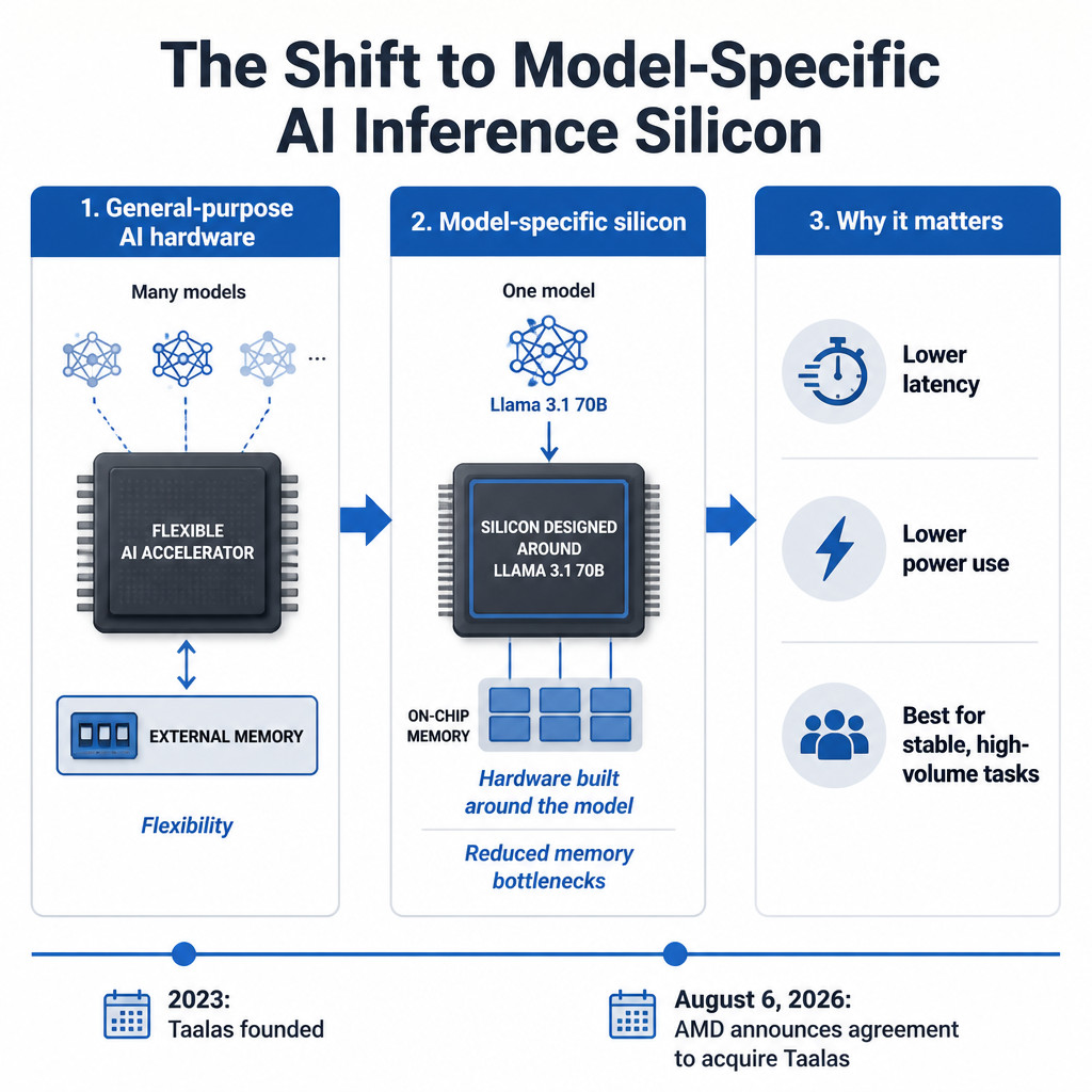 AMD’s Taalas Deal Signals a Shift Toward AI Models as Chips 1 Infographic comparing flexible AI accelerators with model-specific inference chips and noting AMD’s August 2026 Taalas deal.