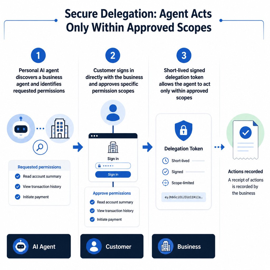 What Is PACT? The AI Agent Consent Protocol Explained 3 A three-step diagram showing how PACT verifies an AI agent, captures customer consent, and authorizes limited actions.