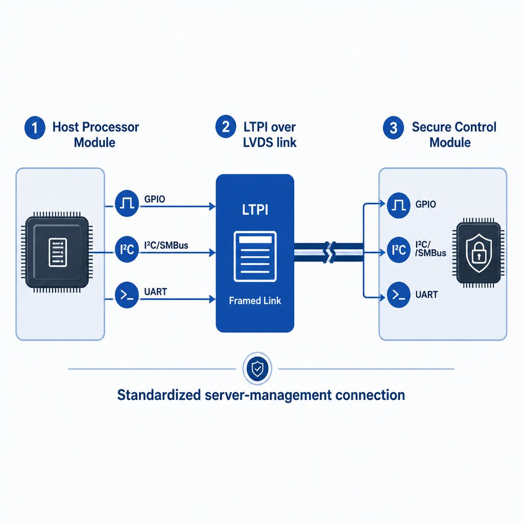 Infographic showing LTPI carrying low-speed server-management signals between a host processor module and secure control module.