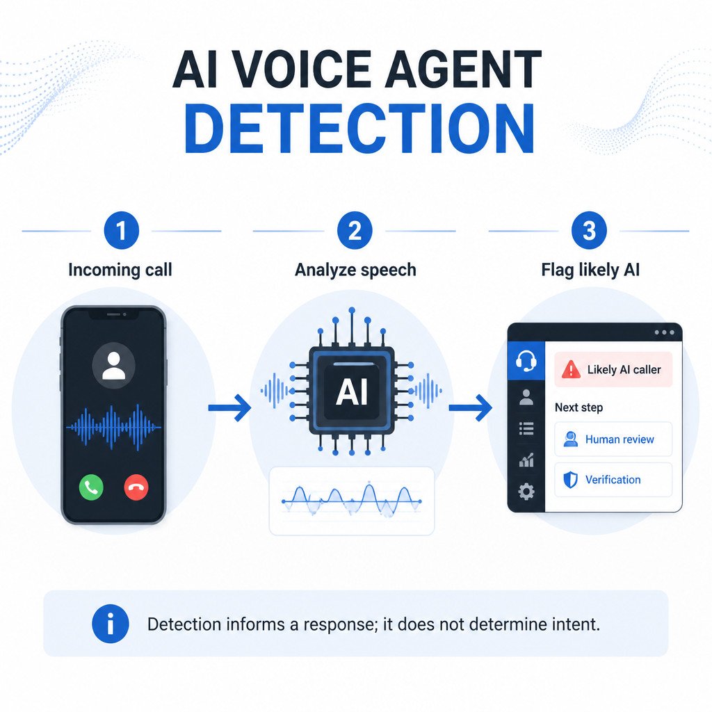 Three-step diagram showing a phone call analyzed in real time and flagged as a likely AI caller.