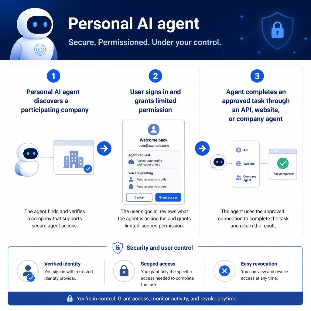 Infographic showing a personal AI agent discovering a company, receiving user-approved access, and completing a task through supported business interfaces.