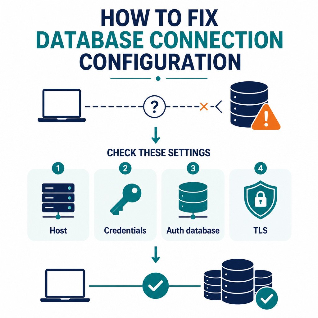 Connection troubleshooting flow checking host, credentials, authentication database, and TLS.