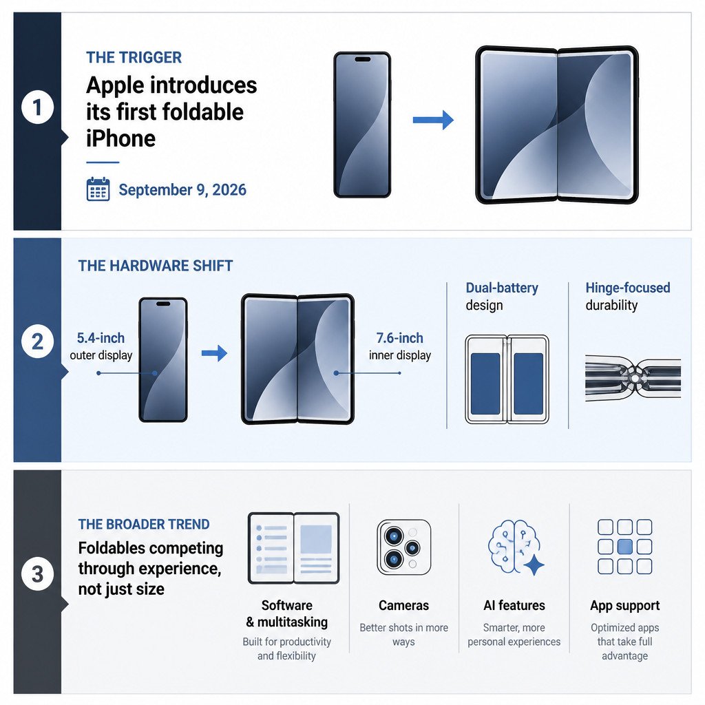Infographic showing how Apple’s foldable iPhone expands from a compact phone into a larger multitasking display.