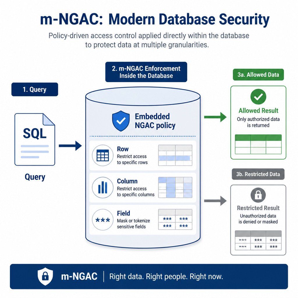 Infographic showing an SQL query checked against embedded m-NGAC policies before row, column, and field data is returned.