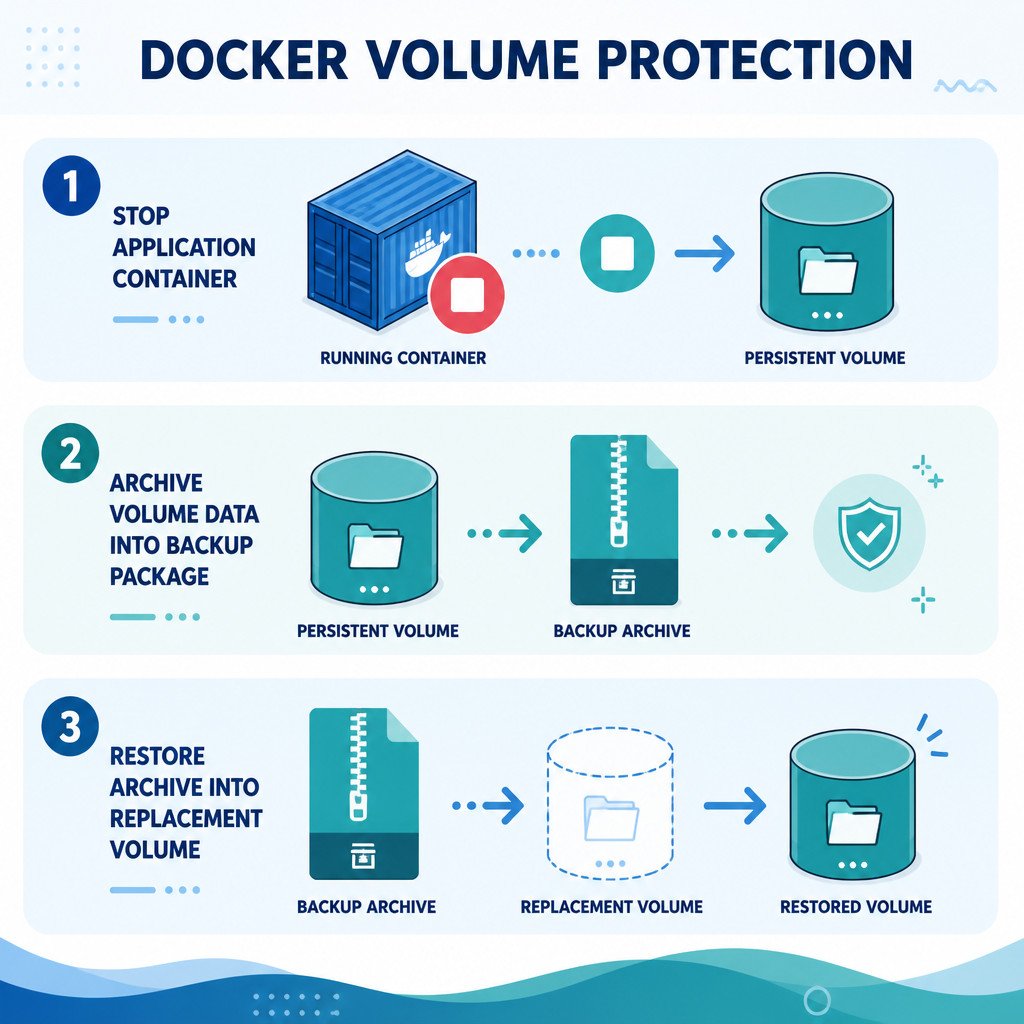 How to Back Up and Restore Docker Volumes Safely 1 Infographic showing the Docker volume backup and restore workflow.