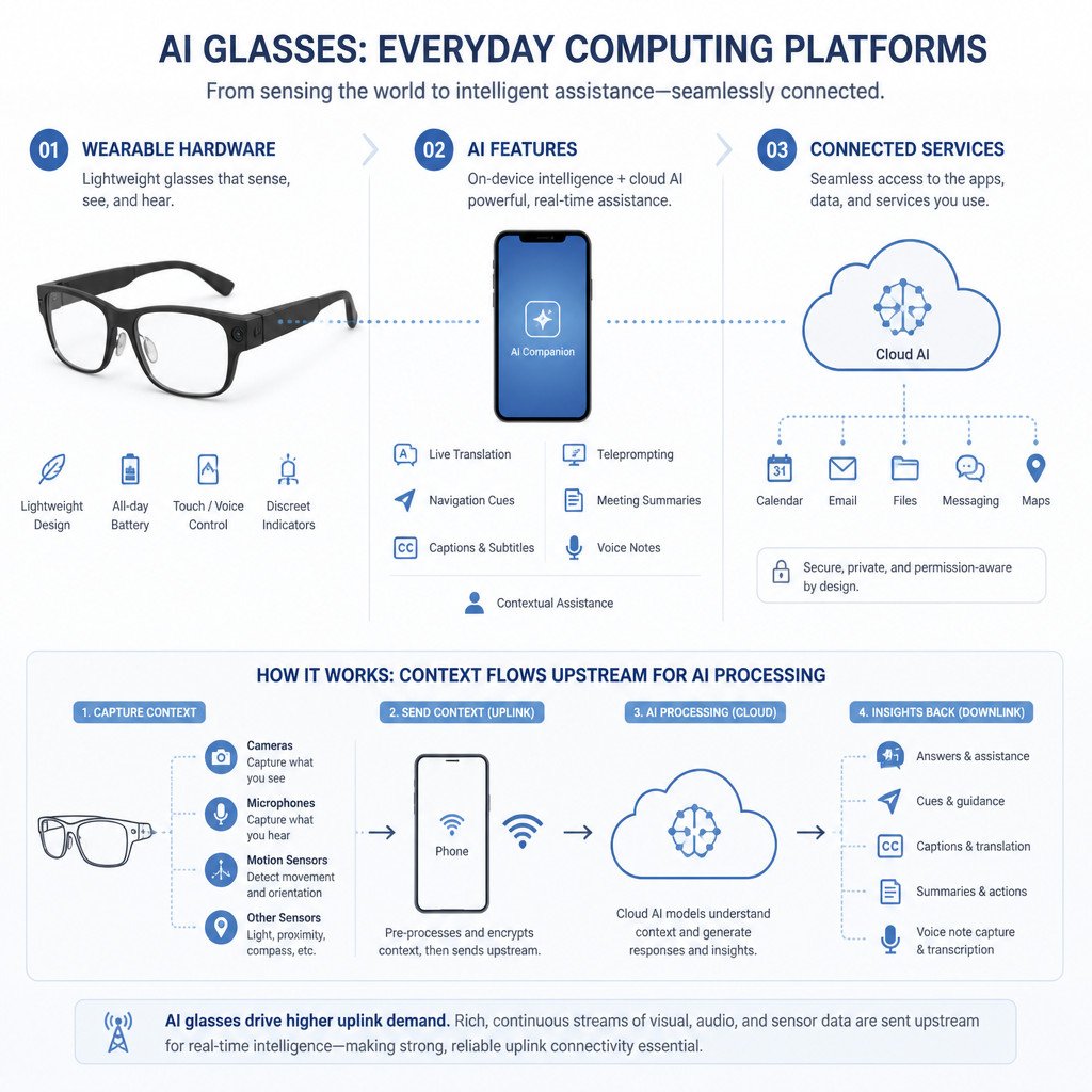 Infographic showing AI glasses connected to translation, navigation, productivity and cloud AI services.